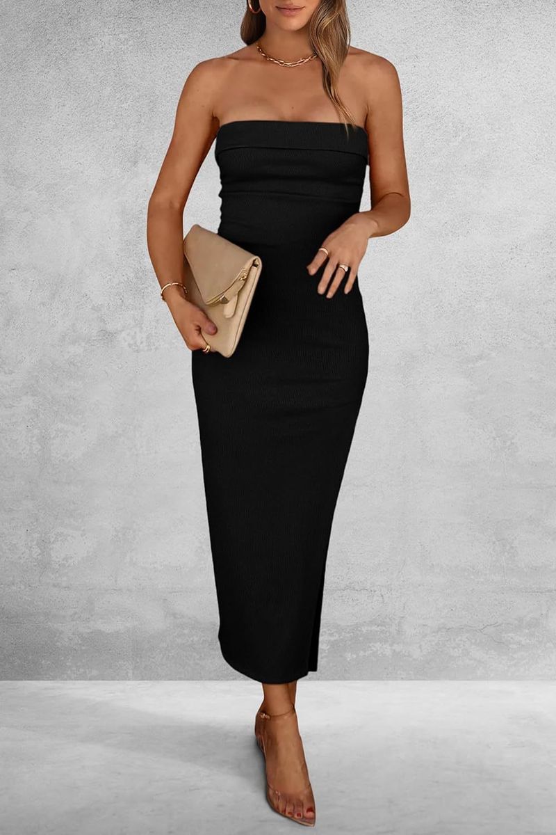Damenbekleidung Sommer Bodycon Langes Kleid Geripptes Tube Top Seitenschlitz Elegantes Slim Fit Kleid für lässige Partykleidung_voghion.com