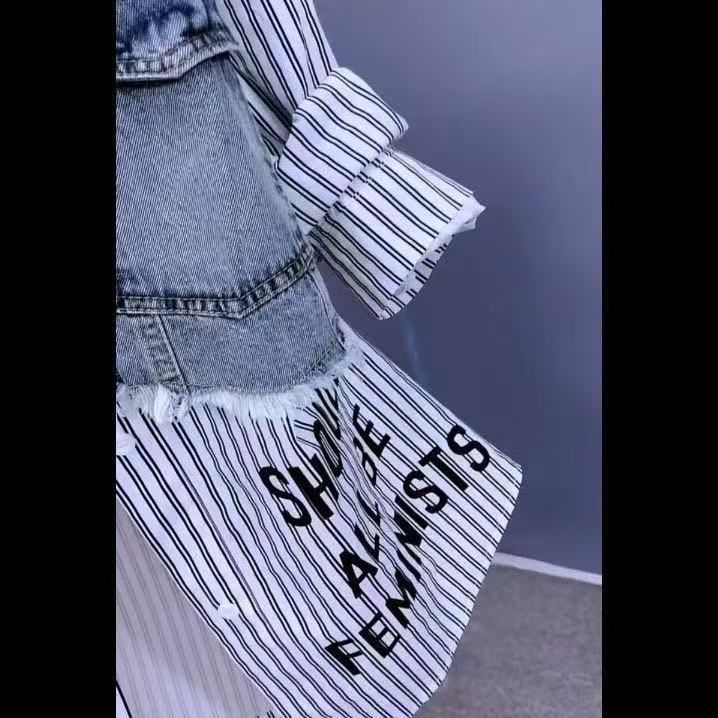Vintage Denim Jacket With Striped Shirt Vest, Oversized Loose Fit, Long Sleeve, Polo Collar, Casual Layered Look For Women_voghion.com