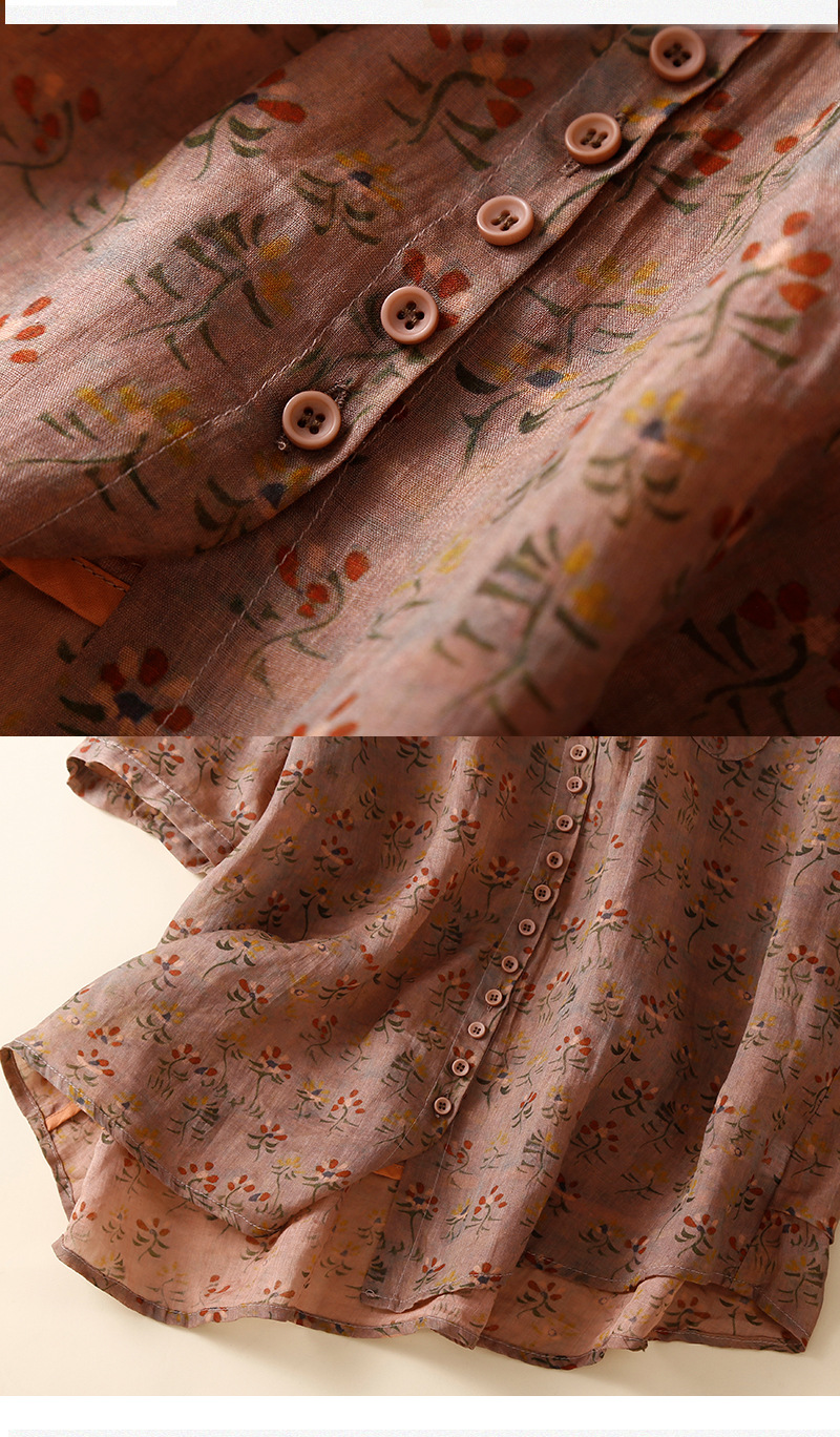 Damen gemustertes Ramie-Shirt Damen lockeres mittellanges Blumen-Dünnhemd Cardigan-Oberteil_voghion.com