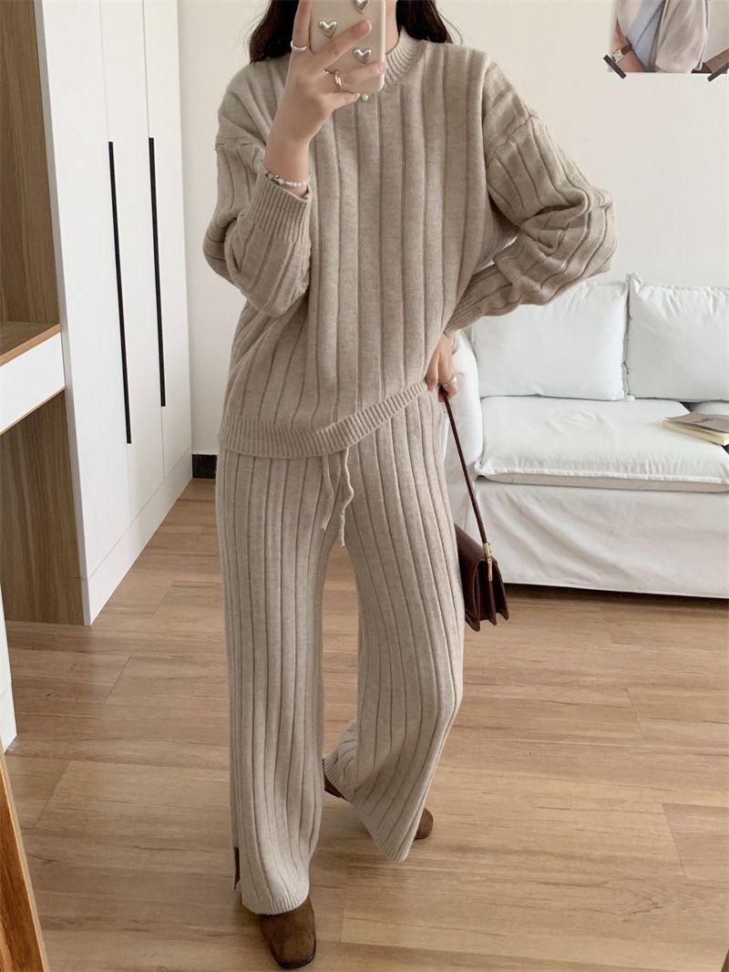 Plus Size Knit Sweater & Wide Leg Pants Set - Soft Ribbed Pullover & Flowy Lounge Trousers, Oversized Comfort Outfit For Women_voghion.com