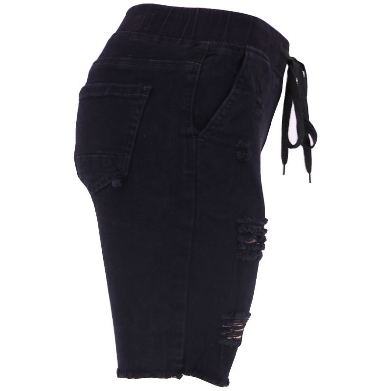 Jeans corti blu lavaggio medio elasticizzati a vita media strappati da donna_voghion.com
