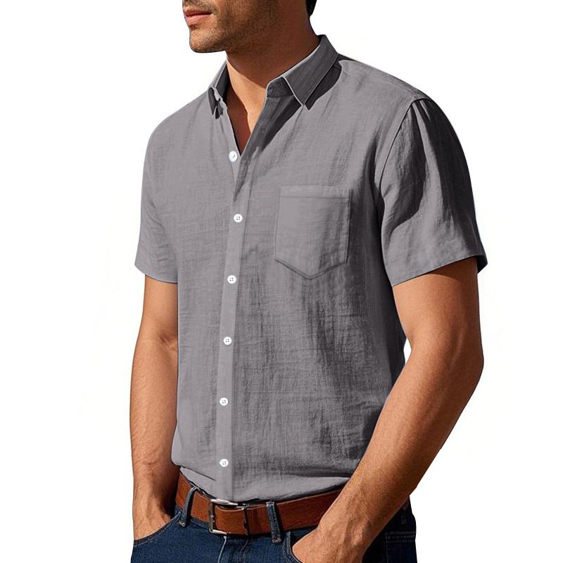 Herrenbekleidung Leinen Lose Casual Revers Casual Kurzarmhemd_voghion.com