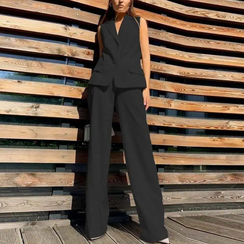Kadın Giyim Moda Takım Elbise Yaka Yelek Yelek Geniş Paça Pantolon Günlük Takım Elbise_voghion.com