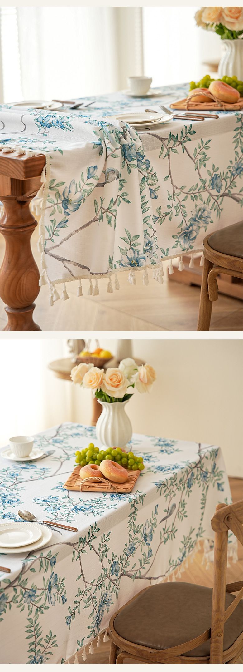 French Style Tablecloth With Fringe & Floral Print – Non-Slip, Heat-Resistant, Dustproof Rectangle Table Cover For Dining, Coffee Table_voghion.com