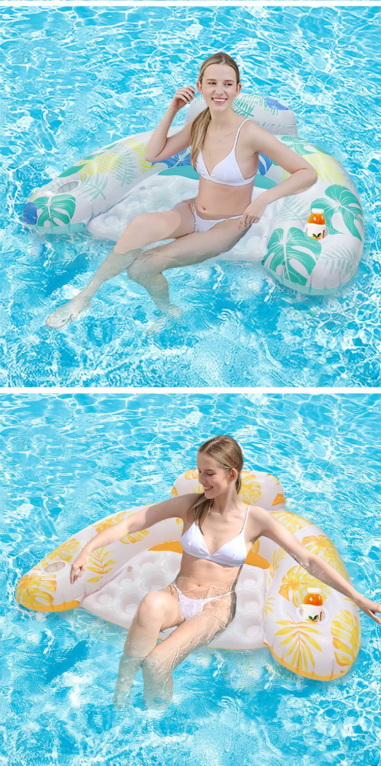Leaf Print Inflatable Pool Seat - Thickened PVC U-Shaped Floating Lounger With Backrest & Cup Holder Single Person Water Hammock_voghion.com