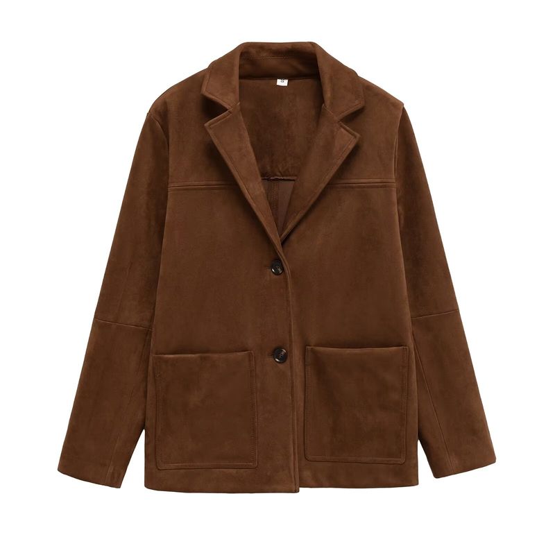 Giacca blazer in pelle scamosciata da donna – Cappotto oversize con revers lunghi, elegante da ufficio per il lavoro e il fine settimana, monopetto con tasche (XS-L)_voghion.com