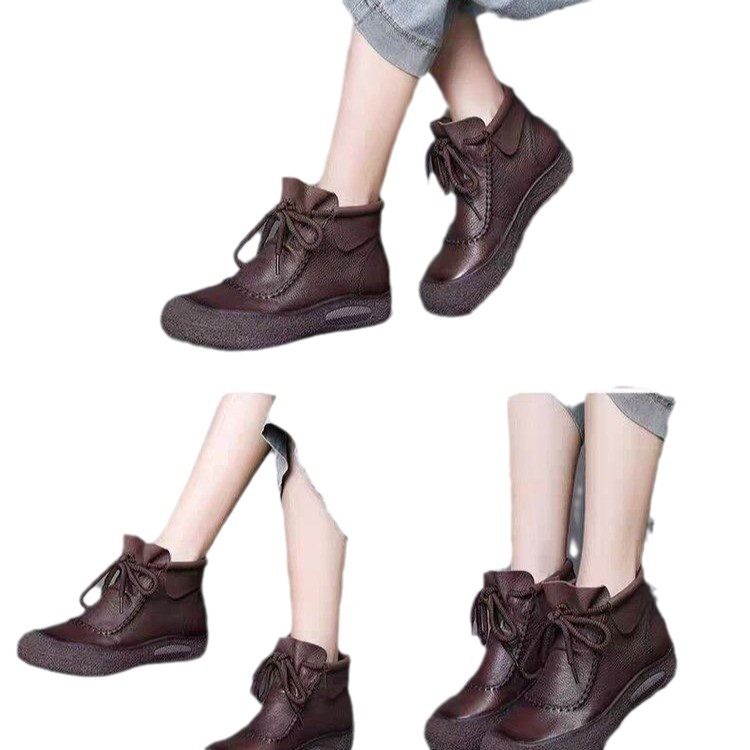 2024 Handmade Soft Leather Stitched Autumn Winter Low Heel Round Toe Rubber Women's Short Boots_voghion.com