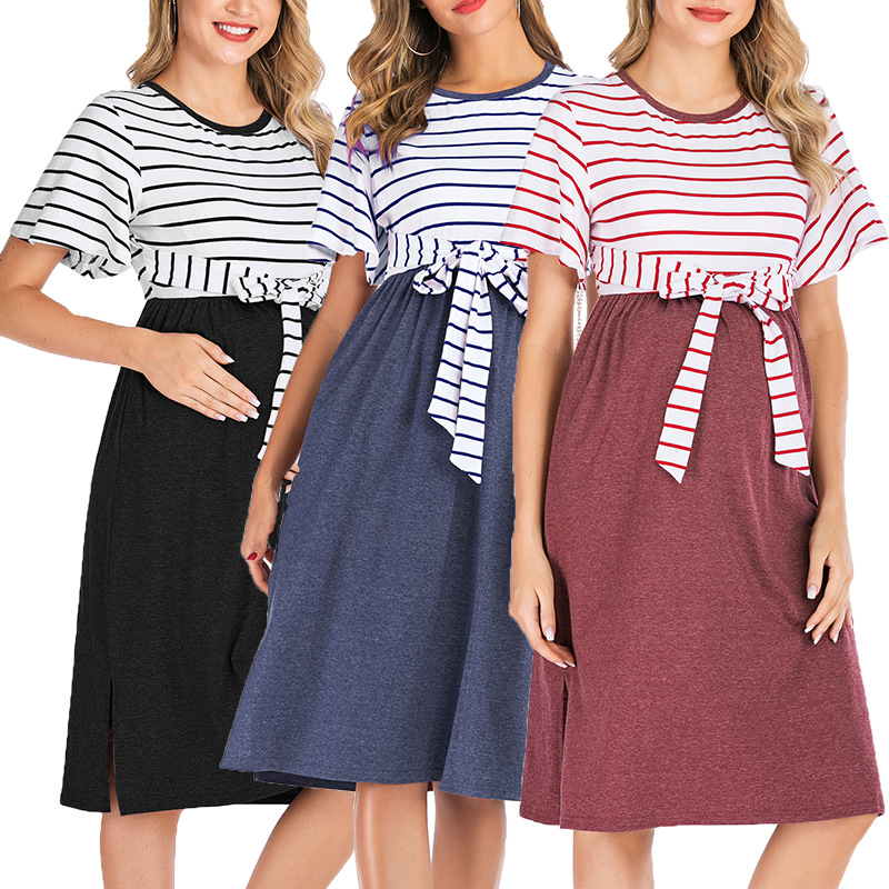 Abbigliamento donna Moda Manica corta Abito a righe Girocollo Donne incinte Grande Swing_voghion.com