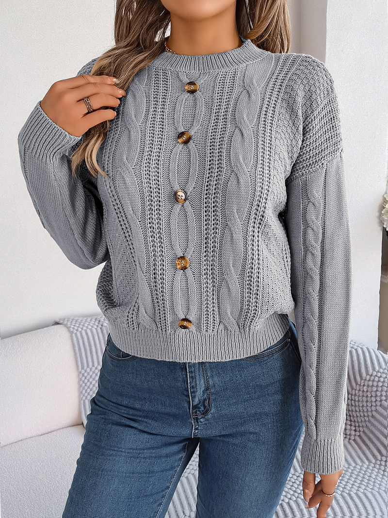 Cropped Sweaters for Women Crew Neck Crochet Knit Pullover Sweater Fall Trendy Button Long Sleeve Solid Color Jumper Tops_voghion.com