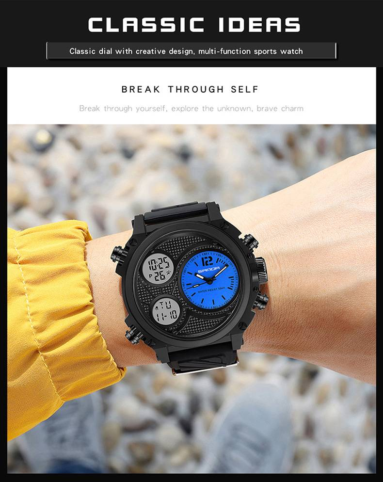 SANDA LED Digital Sport Watches 50m Waterproof Electronic Wristwatch Three Time Display Quartz Watch for Men Alarm Clock_voghion.com