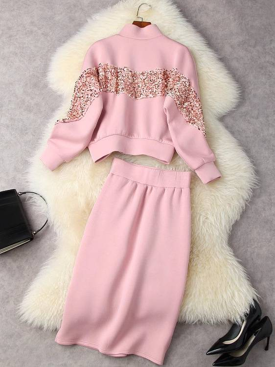 Traje de dos piezas con falda dividida y suéter de lentejuelas pesadas de alta gama para mujer_voghion.com