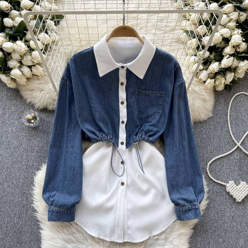 Damenbekleidung Retro-Denim-Hemd in Volltonfarbe für Damendesign, zweiteilig, Kontrastfarbene Nähte, Kordelzug in der Taille, vielseitige Oberteile für Damen_voghion.com