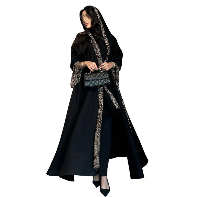 Női ruházat Muszlim női kabát leopárdmintás varrással divatos köntös fejkendővel kétrészes szett_voghion.com