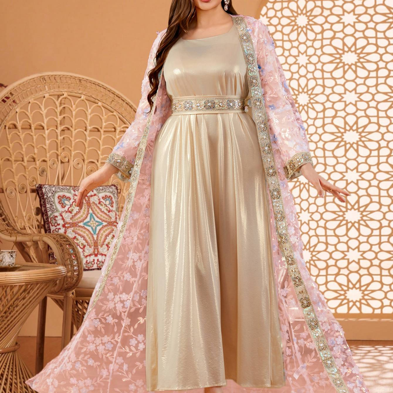 Muslimische Damenbekleidung Neue elegante Luxus bestickte Spitze zweiteilige Robe Abaya_voghion.com