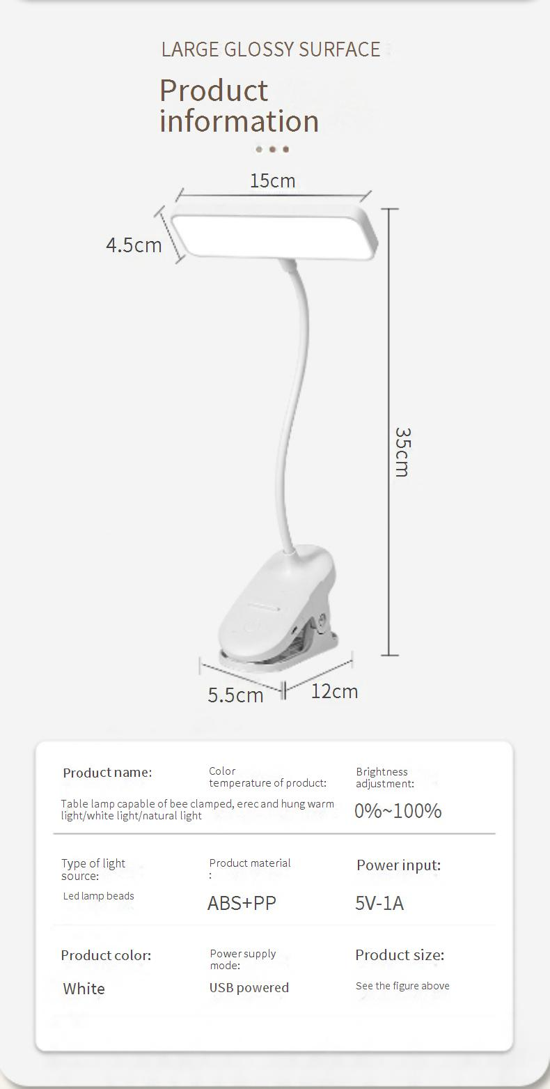 Luminária de mesa LED ajustável com clipe, 3 níveis de brilho e proteção para os olhos, luz de leitura portátil para estudo, quarto, escritório_voghion.com