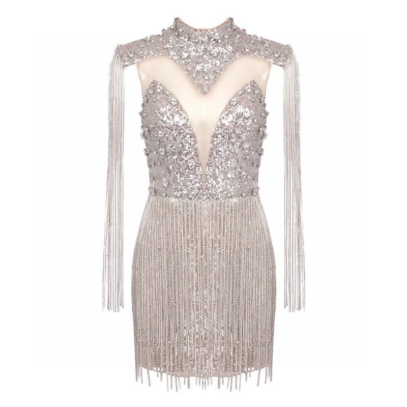 Elegant Silver Sequin Embellished Mesh High-Neck Fringe Party Dress For Women – Slim Fit Formal Evening Gown For Banquet & Special Occasions_voghion.com