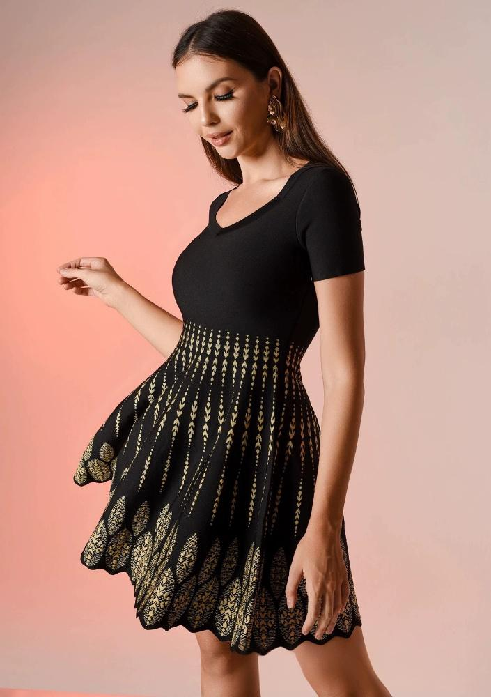 Damenbekleidung Elegantes schwarzes Jacquard-Kleid mit kurzen Ärmeln und ausgestellter Taille – U-Ausschnitt, 3D-Blumendruck, Stretch-Rayon-Mischung_voghion.com