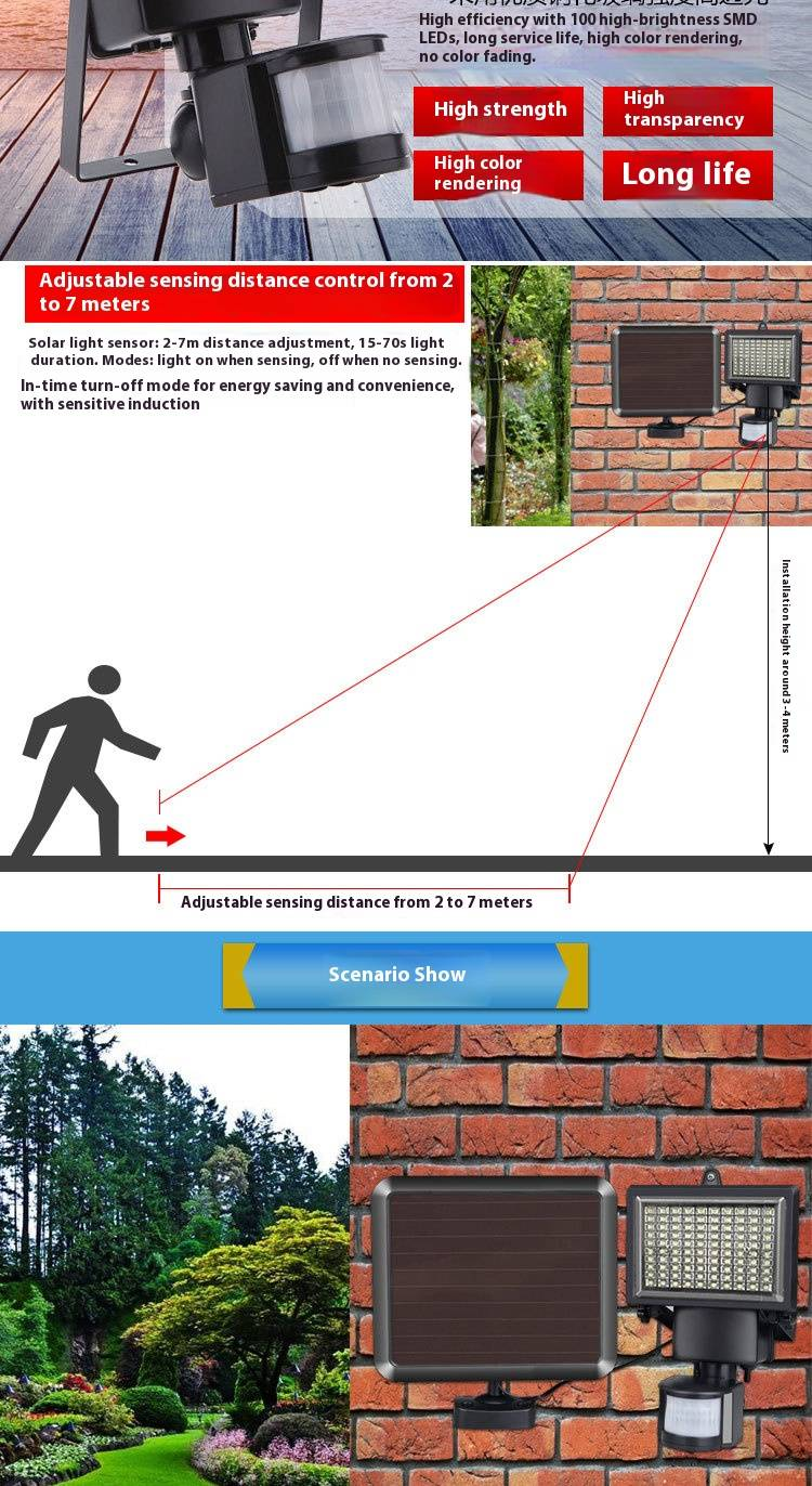 100LED Solar-Flutlicht mit Bewegungsmelder für Garten, Hof, Garage – IP65 wasserdicht, automatisches Ein-/Ausschalten, 6–12 Stunden Laufzeit, einstellbarer Winkel_voghion.com