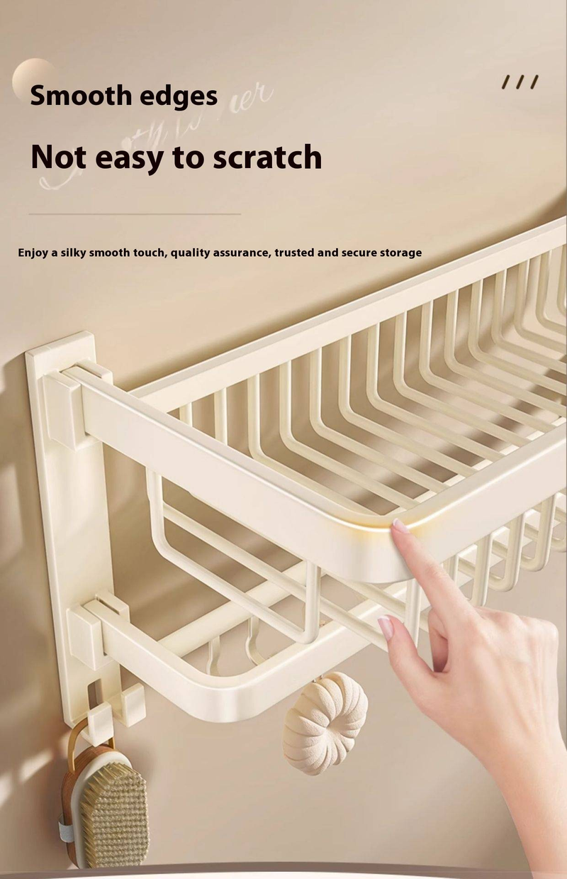 Creamy White Bathroom Towel Rack Set, Space Aluminum Wall-Mounted Shelf With Foldable Bars & Hooks, No Drill Bathroom Organizer For Shower & Toilet_voghion.com