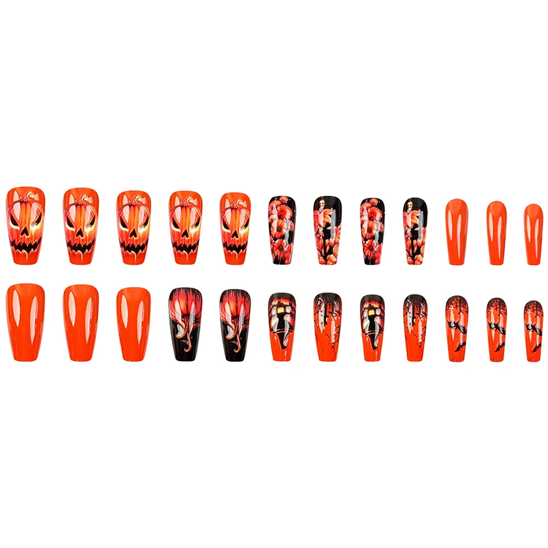 24 Stück Halloween-Nägel – Abnehmbare künstliche Nägel mit gruseligem Kürbis- und Blumendesign – Kleberfreie tragbare Nagelaufkleber für Frauen, Halloween-Dekoration_voghion.com