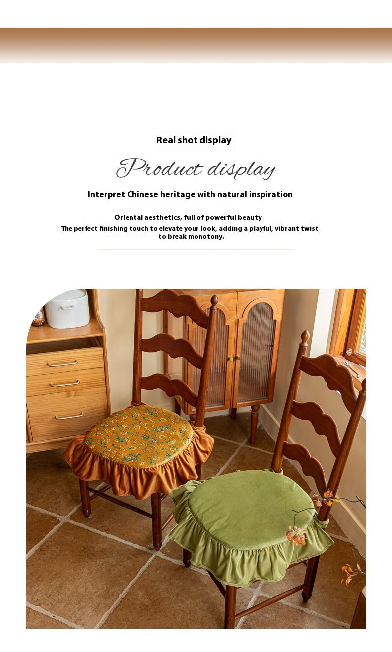 Polyester French-Style Chair Cushion – 45x45cm Washable Seat Pad With Floral Ruffles For Dining & Home Decor (Green Rabbitweed/Iris Design, Non-Slip)_voghion.com