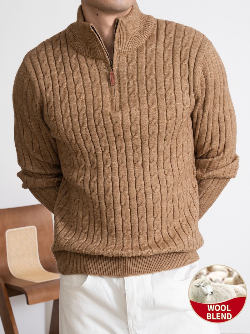Men's Wool Blend Half-Zip Cable Knit Sweater, Autumn Winter Retro Warm Business Casual Knit Top_voghion.com