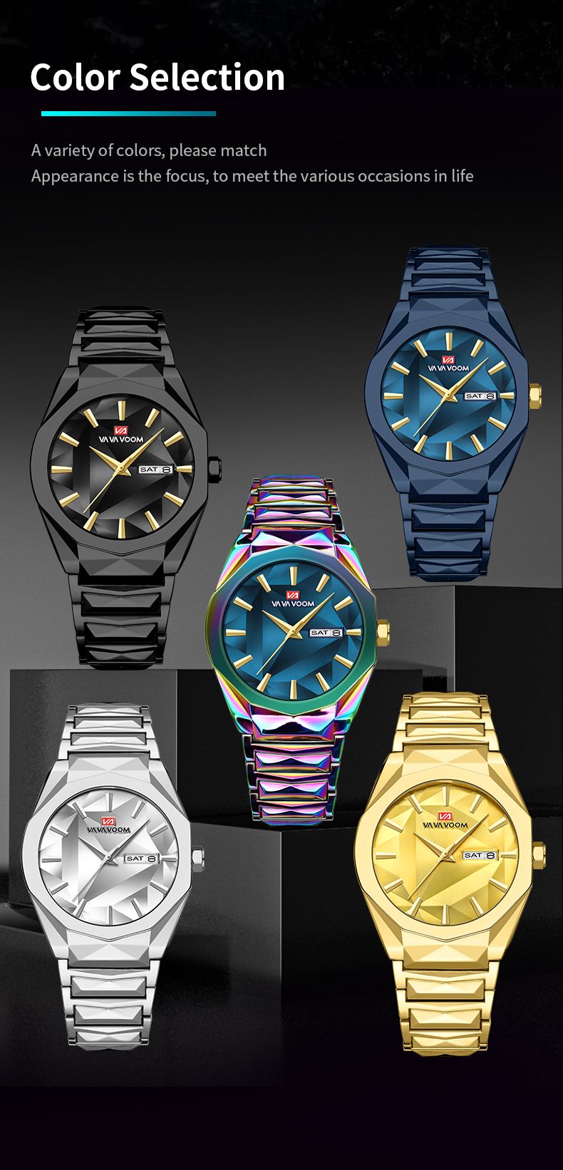 Nieuw herenhorloge Luxe origineel kleurrijk diamanten klinknagel roestvrij staal dubbele kalender quartz uurwerk vrijetijds- en zakenhorloge_voghion.com