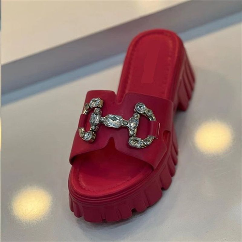Summer Women Rhinetone Caual Beach Thick-oled Metal Buckle Heightening And Lipper Peep Toe Fih Mouth Ladie_voghion.com
