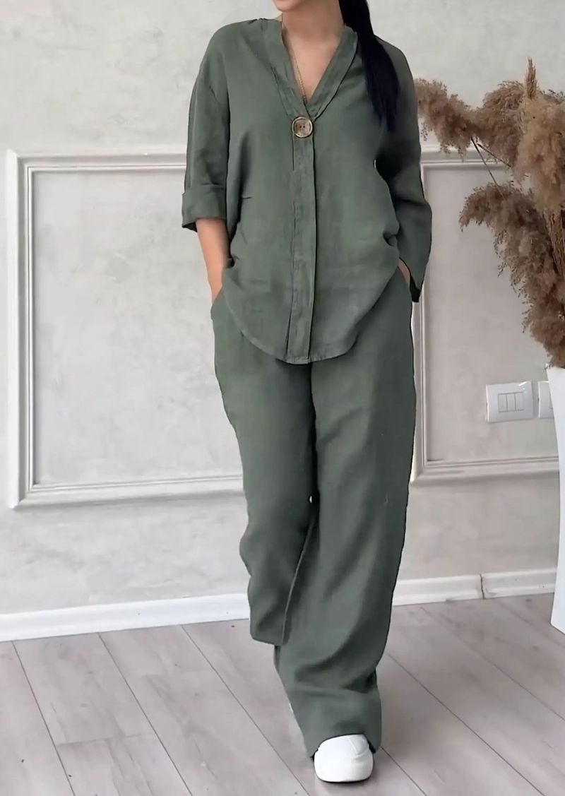 Summer Autumn New Women's 2-Piece Set Plus Size Cotton Linen Shirtsuit Casual Daily High-Waisted Loose-Fit Trousers Set_voghion.com