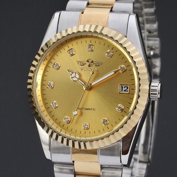 men's gold steel band business watch rhinbit band calendar through the bottom automatic manual mechanical watch_voghion.com