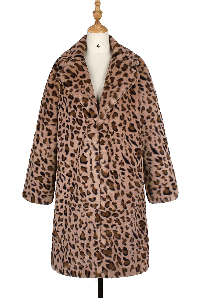 Damenbekleidung F0208 langer Leopardenmuster-Anzugkragen-Imitat-Pelzmantel Damen-Freizeitmantel Herbst und Winter neue Mode_voghion.com