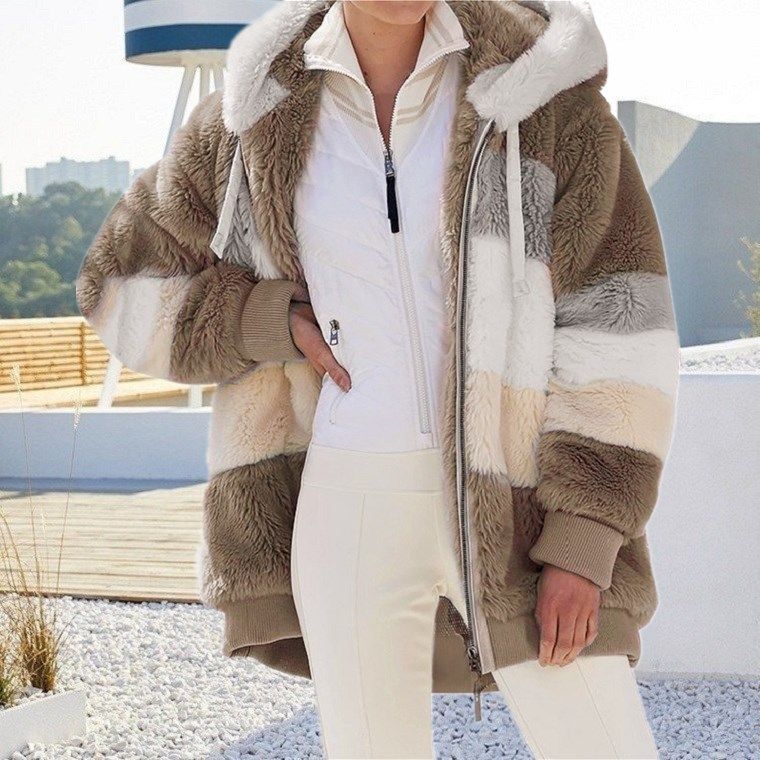 Autumn and winter warm plush patchwork zipper pocket hooded loose coat for women_voghion.com
