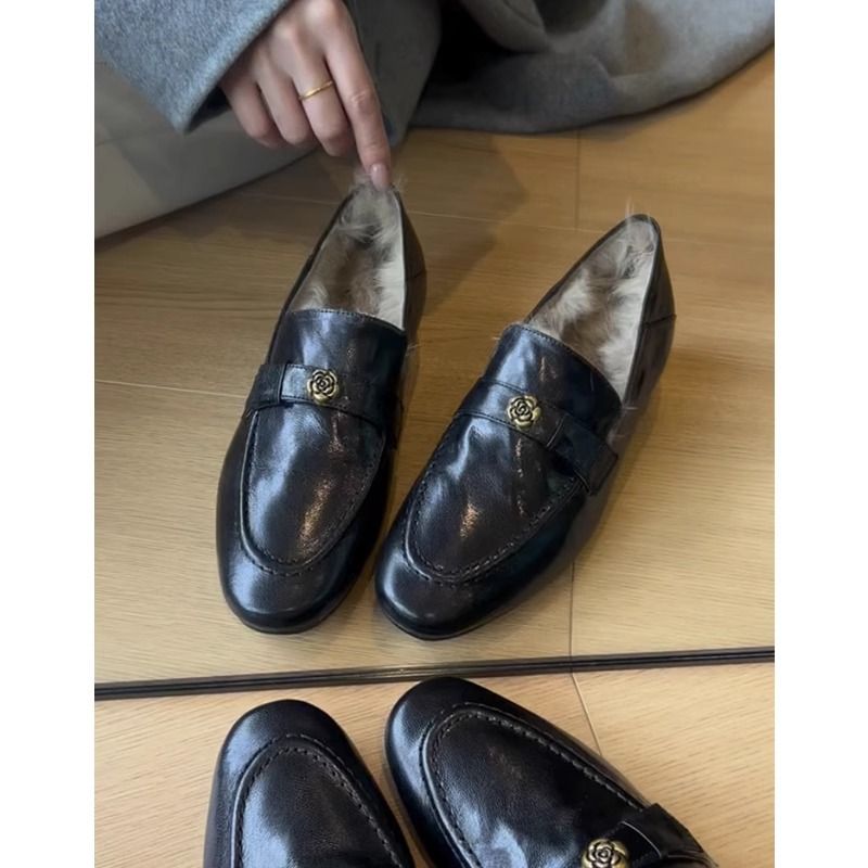 Lancui~Rabbit Fur~Loafers For Women Autumn Winter New Thick Heel French Style Versatile Fleece Lined Warm Cotton Small_voghion.com