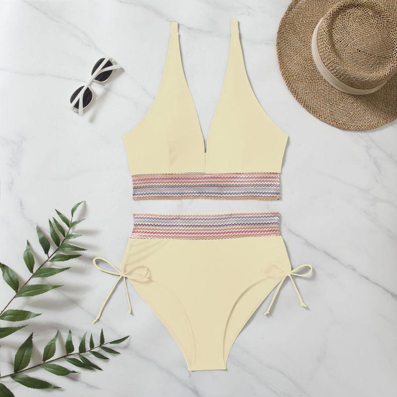 Women's Bikini High-waisted Split Color Matching Set Tether Pull Up Swimsuit_voghion.com