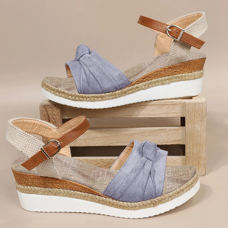 Kleurblok knoopdetail Espadrille riemwig voor dames Casual open teen Romeinse platformsandalen_voghion.com