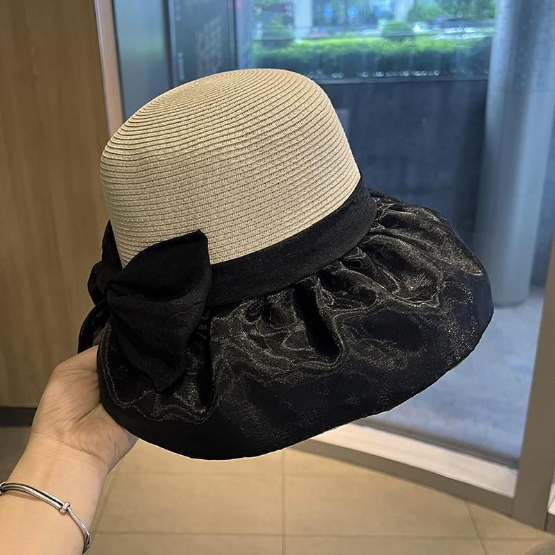 Cappello da sole estivo da donna in paglia con giunture, pieghevole, con protezione solare, protezione UV, con fiocco_voghion.com