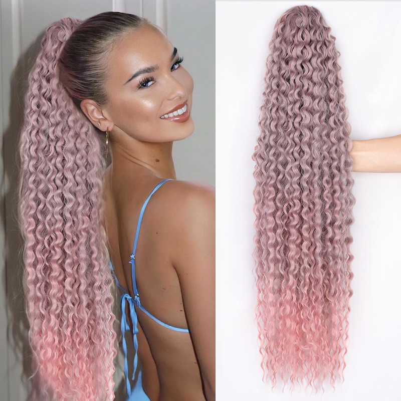 Kudrnaté prodloužení culíku se stahovací šňůrkou Clip in Pony Tail Dámské příčesky Dlouhé syntetické culíky s vlnou do vody_voghion.com