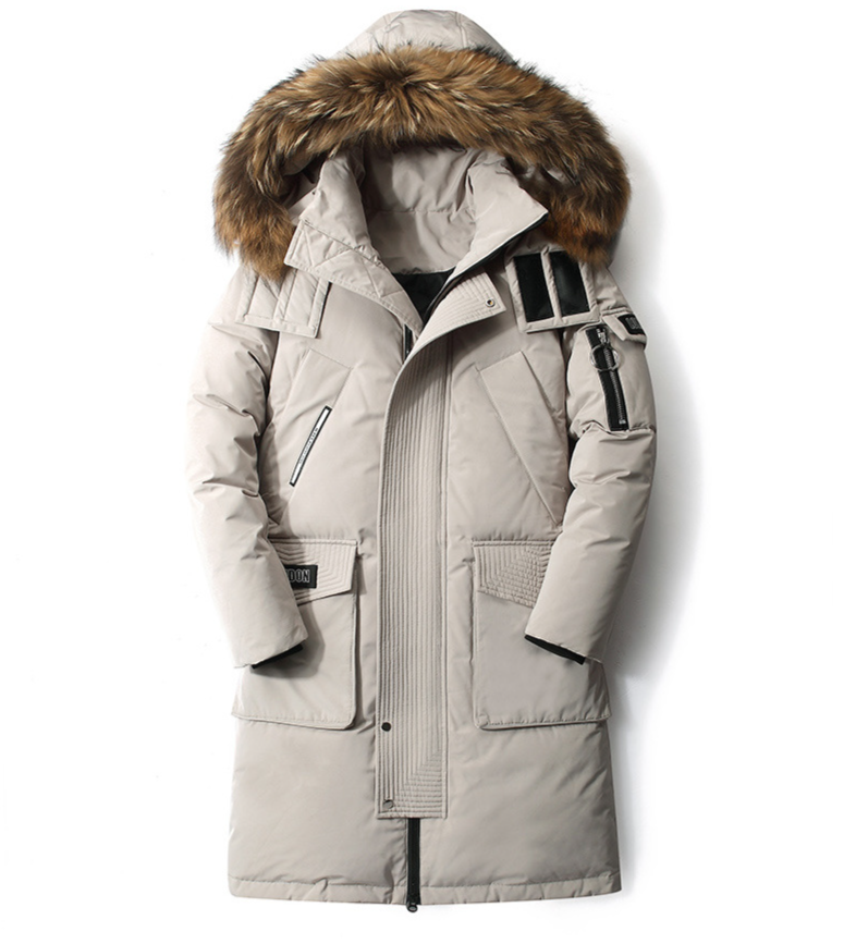 Herrenbekleidung: Mittellange Jacke aus dicker Seidenbaumwolle, schmal geschnittener, über dem Knie liegender Herrenmantel mit Kapuze, trendige Herrenbekleidung, neuer Winterstil_voghion.com