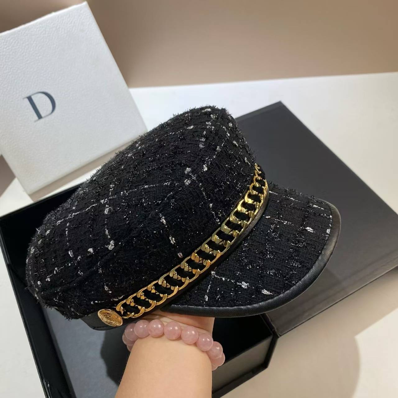 metallkedja Marinblå höst och vinter glänsande siden tjock ylle Mångsidig svart tidningspojkehatt Fashionabla unisex_voghion.com