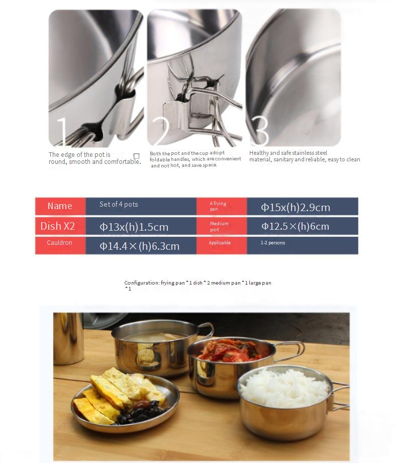 4-Piece Stainless Steel Camping Cookware Set - Lightweight & Compact For Hiking & Picnic (2-3 Person Portable Cooking Kit)_voghion.com