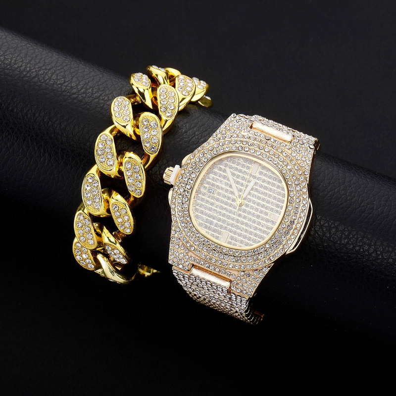 Braccialetti con ciondoli da uomo, bracciale cubano spesso in zirconio pieno, orologio combinato, accessori popolari Hip Hop transfrontalieri_voghion.com