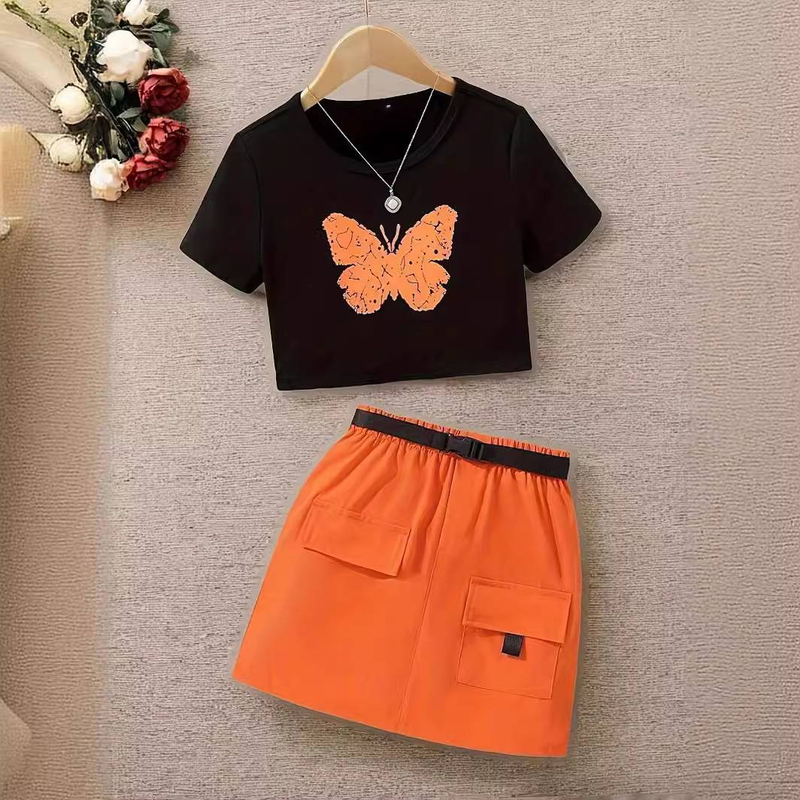 "Trendiges Set aus bedrucktem Oberteil und Arbeitsrock für große Mädchen – Verstellbarer Gürtel, 5–14 Jahre (Orange)"_voghion.com