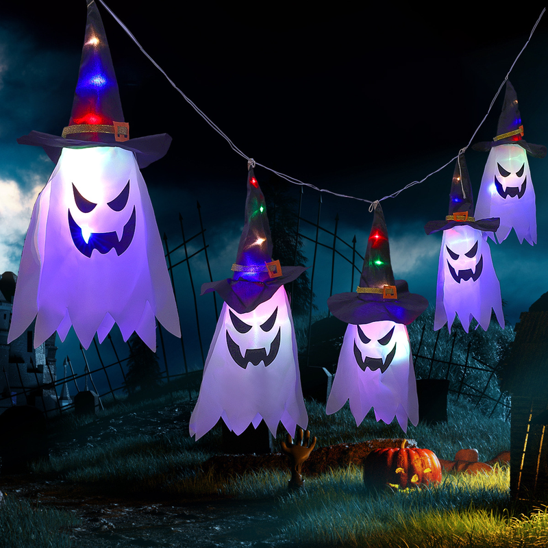 Battery/USB Powered Halloween Ghost String Lights - 5 Piece Hanging LED Decor For Window, Curtain, Party - Spooky Soft Glow For Indoor & Outdoor_voghion.com