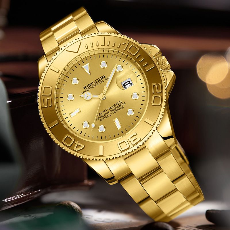 KIMSDUN Gold Yacht Men's Watch Steel Band Calendar Hollow Bottom Quartz Watch Mechanical Men's Gold Watch_voghion.com