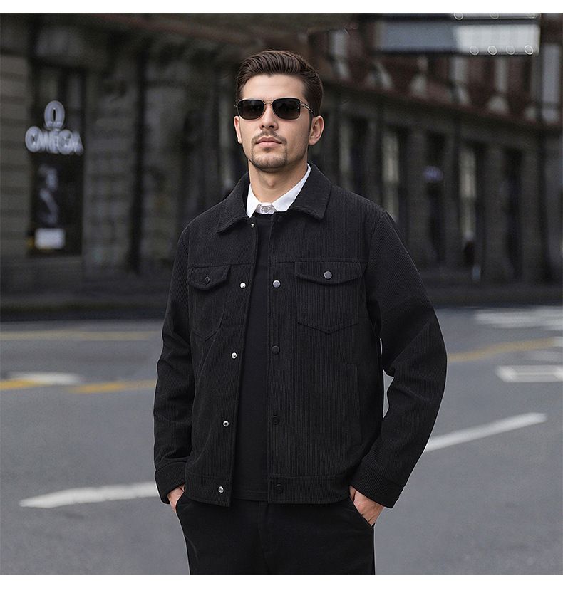 Men's Corduroy Jacket Slim Fit Casual Vintage Stand Collar Windproof Lightweight Polyester Coat For Spring Autumn_voghion.com