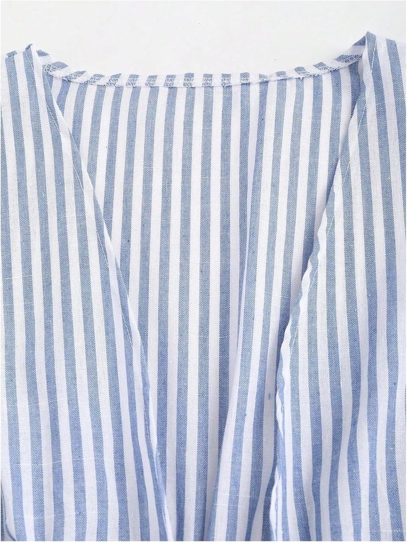 Women's Clothing Striped Front Tie Up Trumpet Sleeve Deep V Neck Elegant Ruffle Top_voghion.com