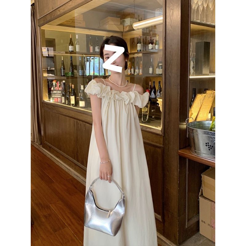Ärmelloses Trägerkleid im französischen Stil, locker, elegant, für den Urlaub, einfarbig, schlankmachend, neu, Apricot, Pendler, langes Kleid_voghion.com