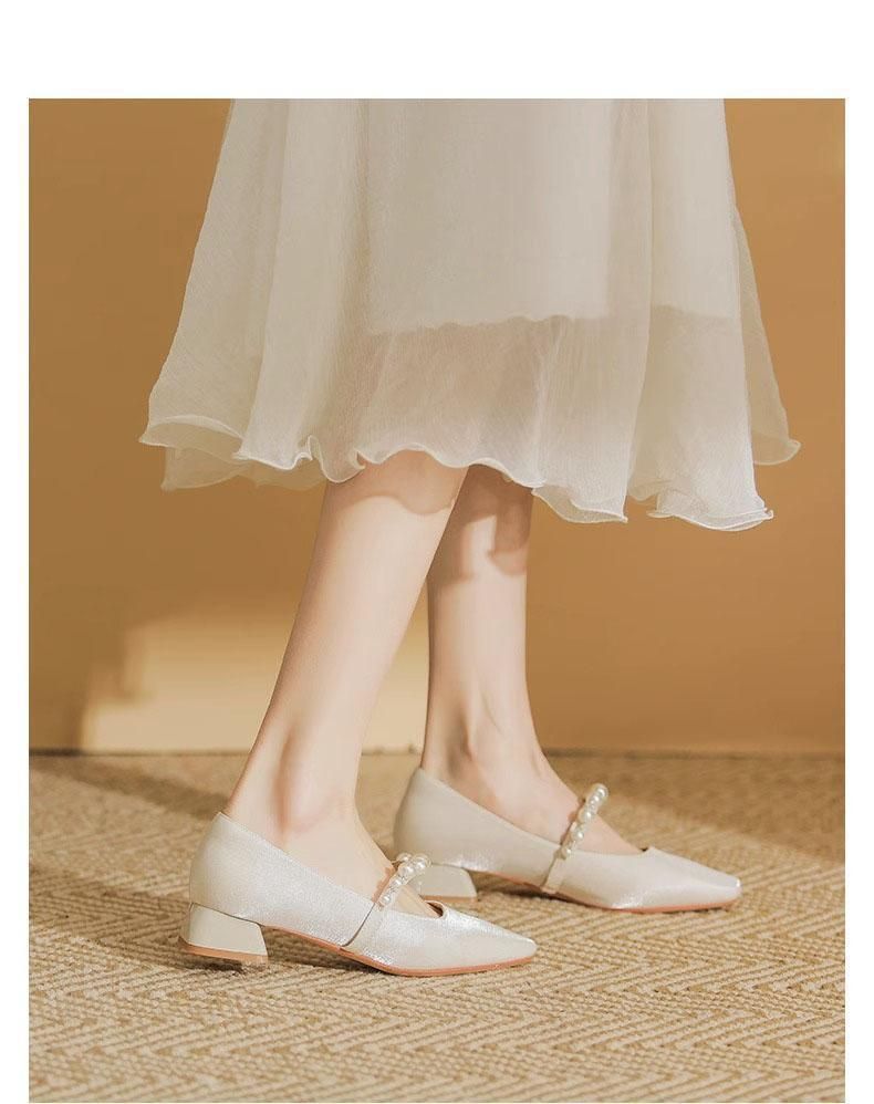 Scarpe singole da donna in stile francese con punta quadrata bassa e tacco spesso, stile Mary Jane, cheongsam, rosse, con tacco alto, da sposa, damigella d'onore, matrimonio_voghion.com