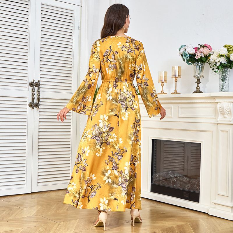 Robe Clothing Factorys nya tryckta gula midjebantande långärmade klänning för kvinnor_voghion.com