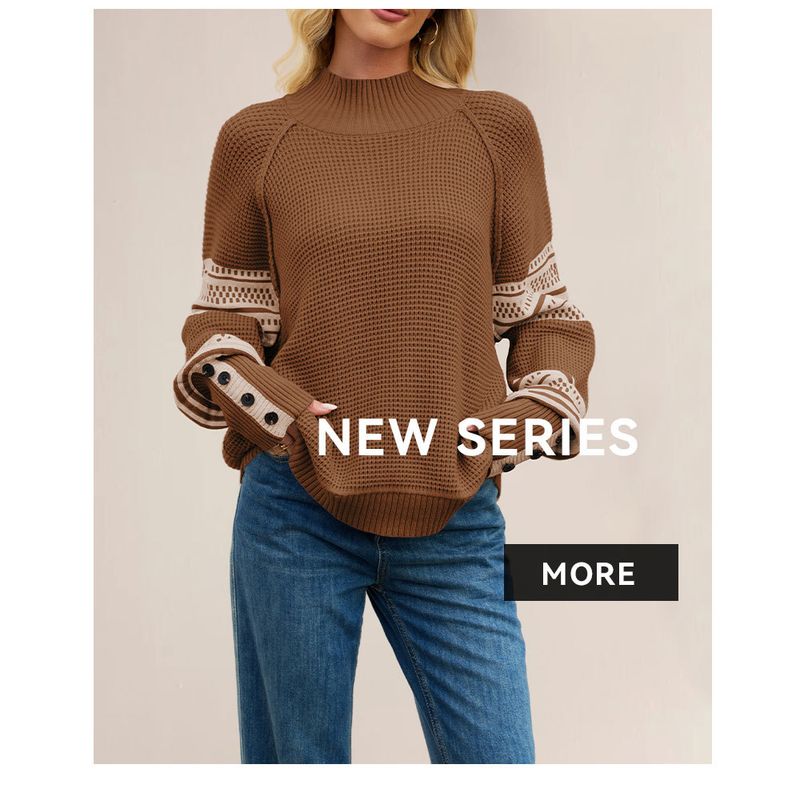 Women's Clothing Knitted Color-Block Semi-Turtleneck Sweater, Loose Fit Long Sleeve Pullover, Geometric Pattern Casual Chic Streetwear_voghion.com